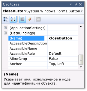 Окно свойств с именем closeButton