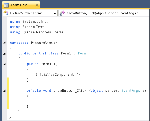 Вкладка Form1.cs с кодом Visual C#