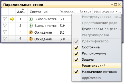 Контекстное меню представлений в окне параллельных стеков