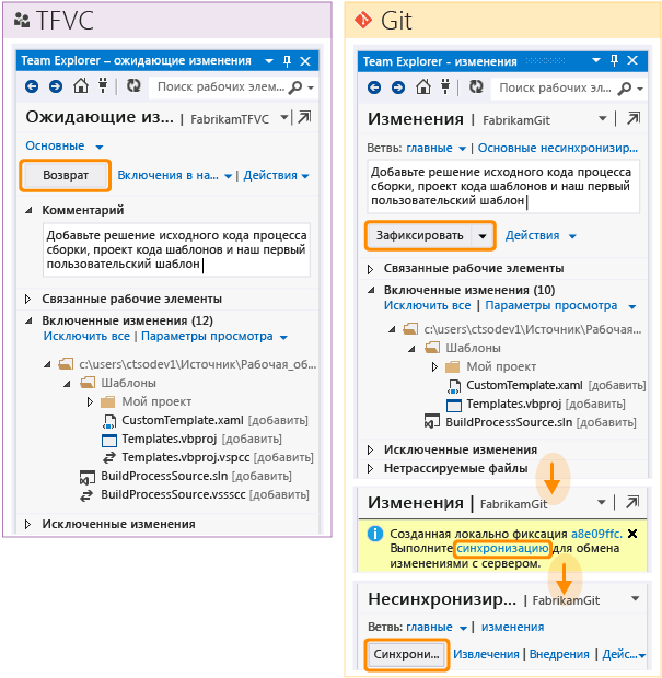 Отправка изменений с использованием TFVC или Git