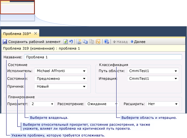 Форма рабочего элемента CMMI для проблемы