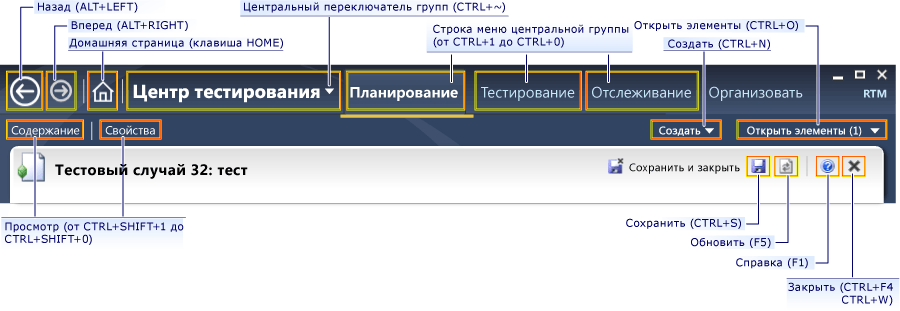 Сочетания клавиш для диспетчера Microsoft Test Manager
