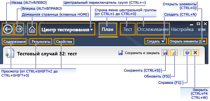 Сочетания клавиш для Microsoft Test Manager