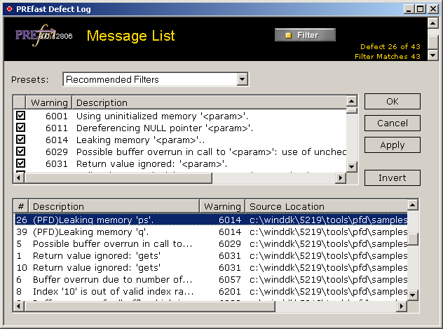 Screen shot showing a Defect Log after a filter has been removed by selecting Recommended Filters