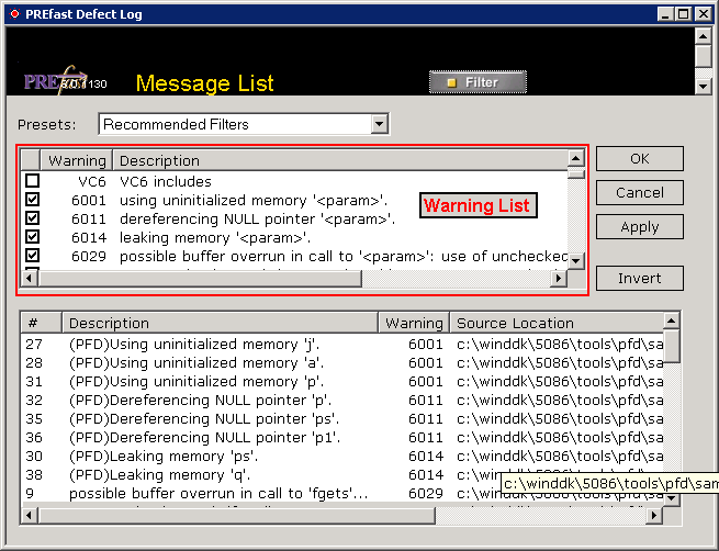 Screen shot showing a Warning List in the PREfast Defect Log