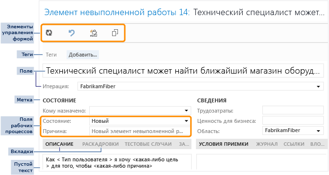 Элементы и элементы управления формы рабочего элемента