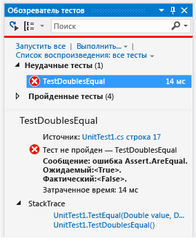 Обозреватель модульных тестов с непройденным тестом равенства