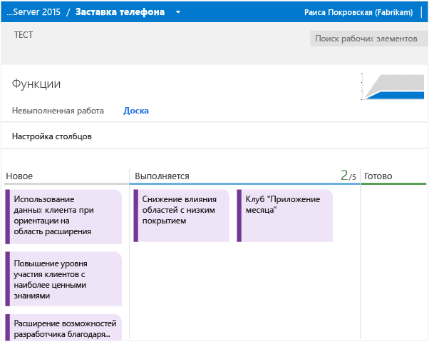 У невыполненной работы "Функции" имеется своя доска канбан
