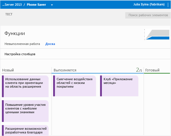 У невыполненной работы "Функции" имеется своя доска канбан