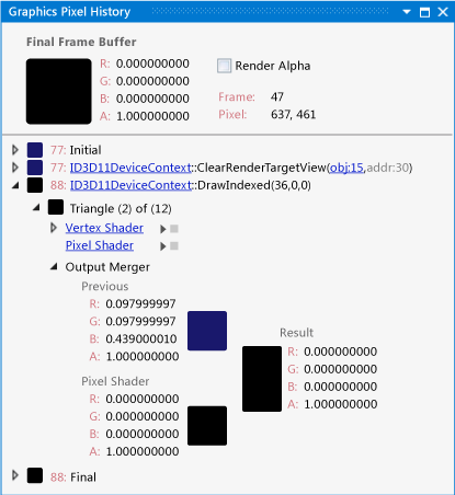 В журнале пикселя показано одно событие DrawIndexed.