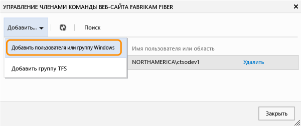 Выбор добавления учетной записи Windows или группы TFS