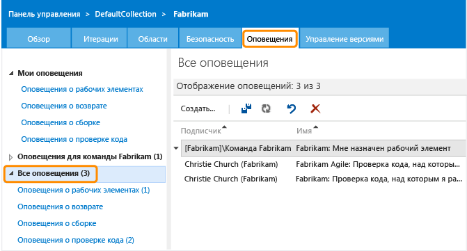 Просмотр всех оповещений, заданных для командного проекта