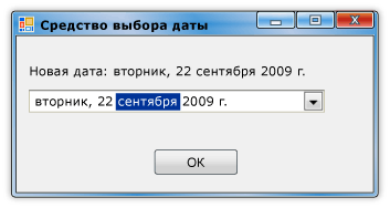 Форма после выбора даты в управляющем элементе выбора даты