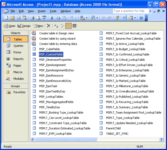 Tables of Project reporting data in Access