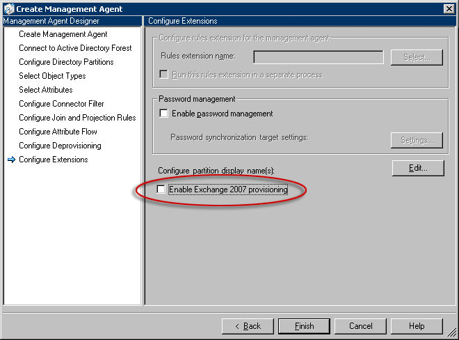 Страница ConfigureExtensions, включение подготовки Exchange Server 2007