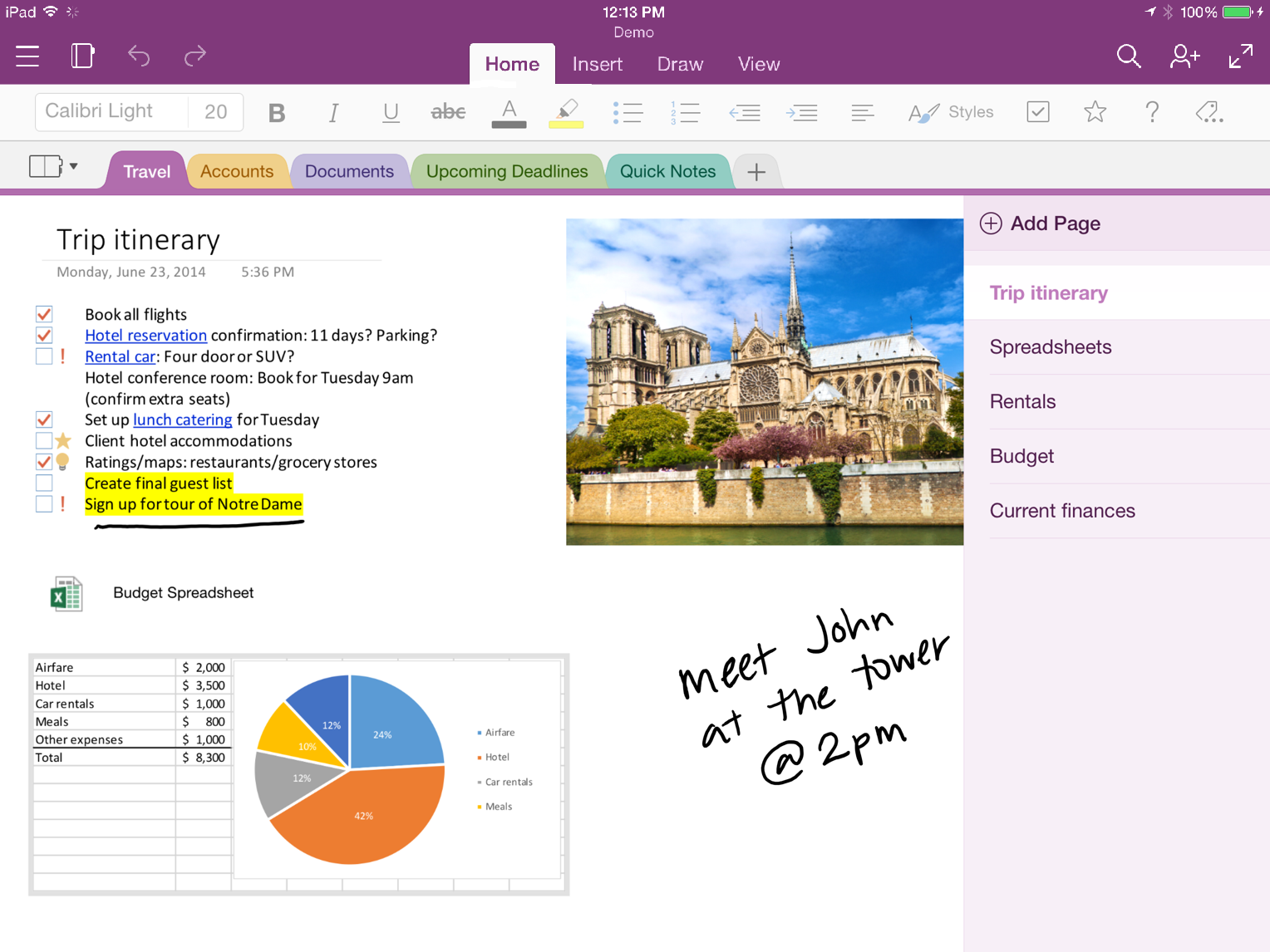 Образец страницы OneNote.