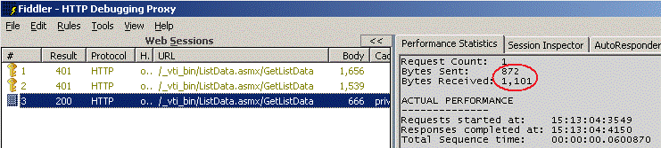 Результаты Fiddler для пользовательской веб-службы