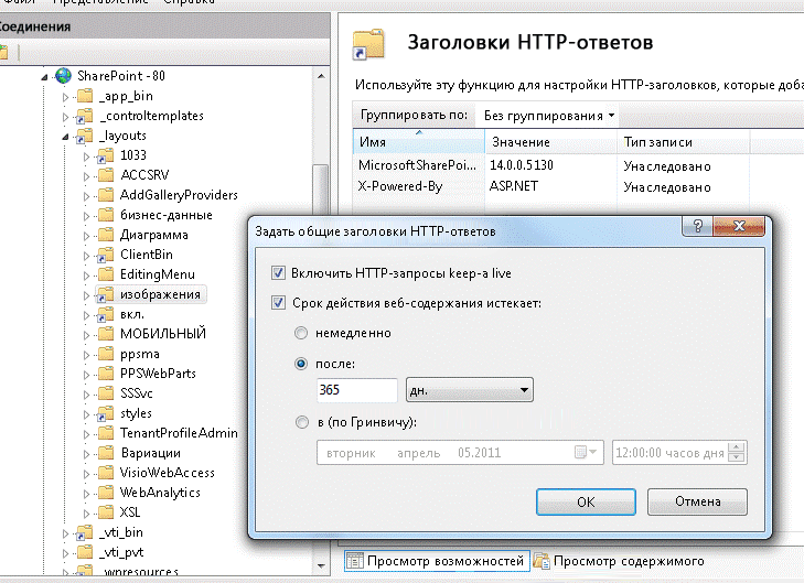 Диалоговое окно "Задать заголовки общего HTTP-ответа"