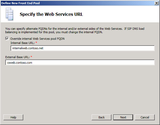 Front End Pool Specify the Web services URL