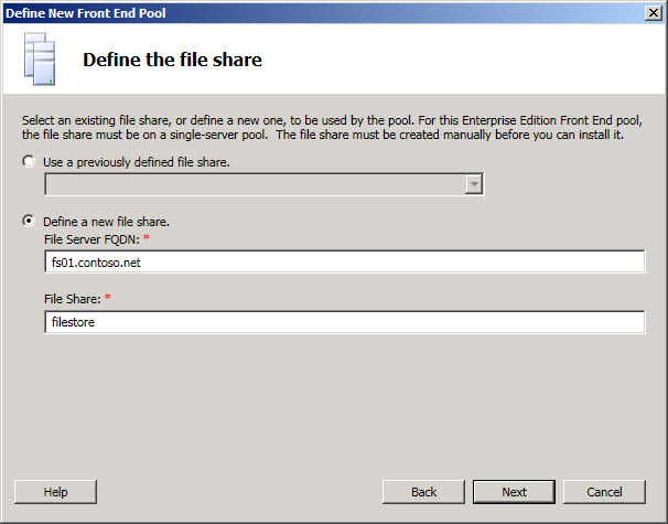 Front End Pool Define the File Share