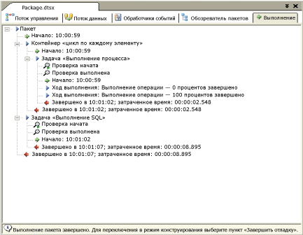 Вкладка «Ход выполнения» конструктора служб SSIS
