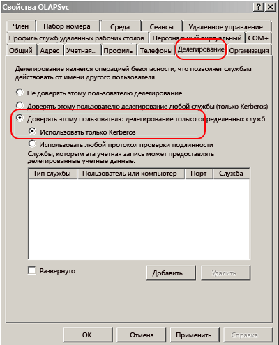 Страница свойств учетных записей в Active Directory