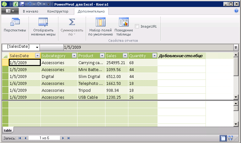 Вкладка «Дополнительно» в окне PowerPivot