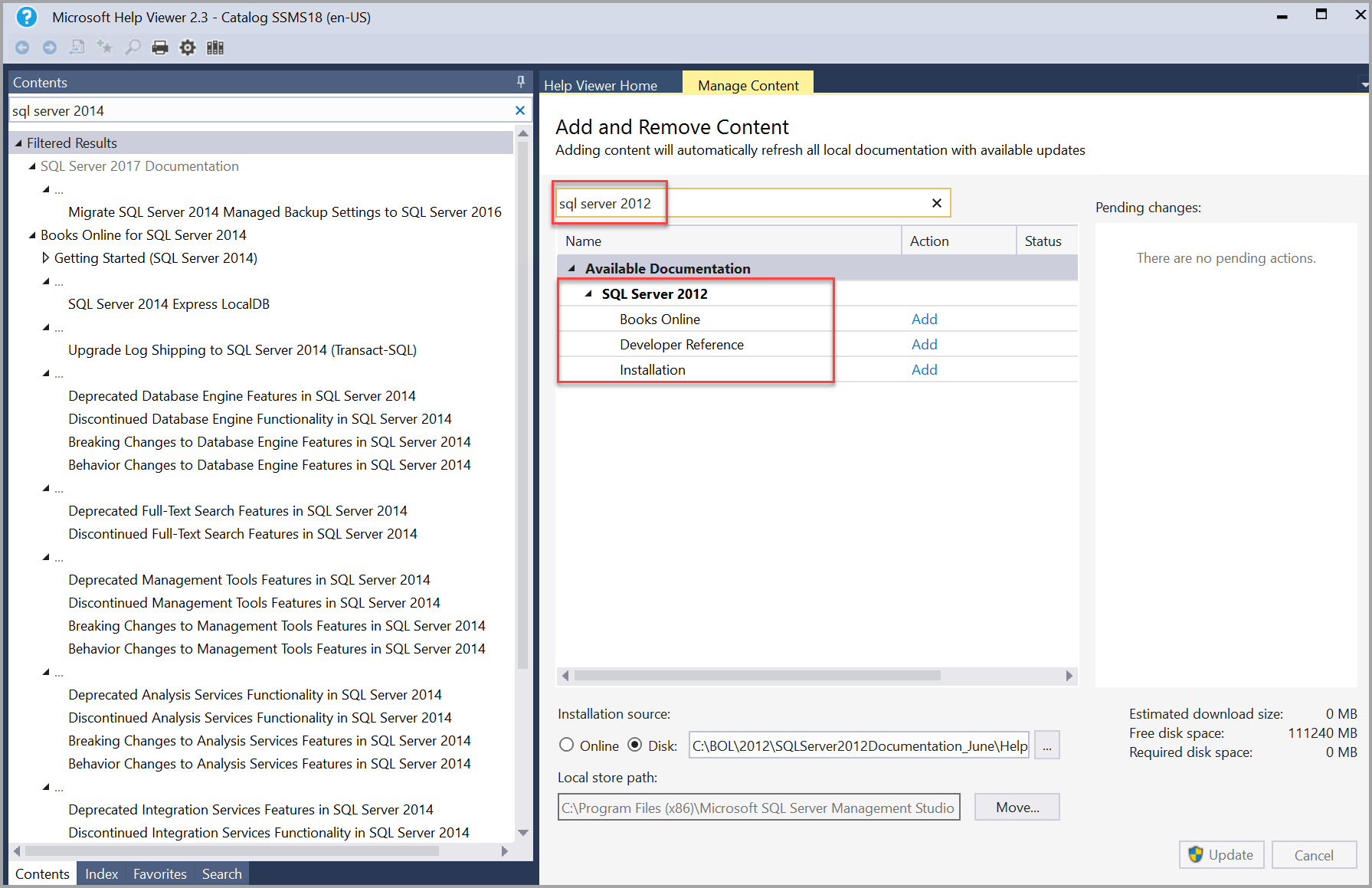 Поиск документации SQL Server 2012 в окне справки