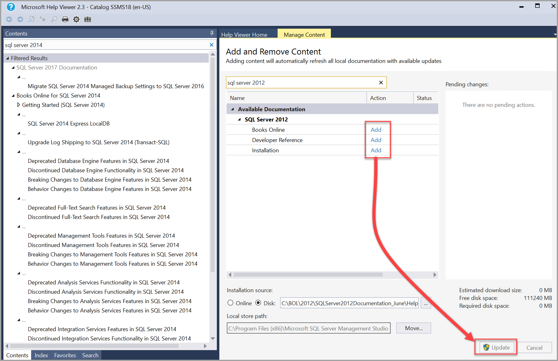 Добавление и обновление документации SQL Server 2014 в окне справки