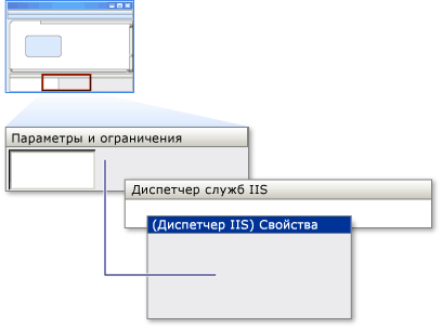 Панель параметров и диалоговое окно свойств IIS