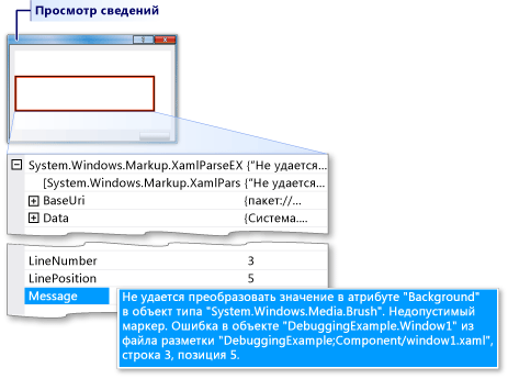 Помощник исключений, отображающий ошибку синтаксического анализа XAML