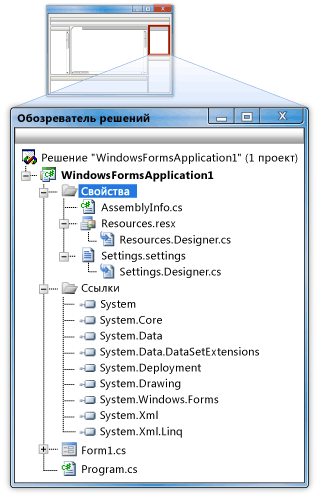 Обозреватель решений отображает файлы проекта