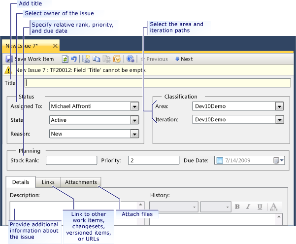 Work Item Form for Issue