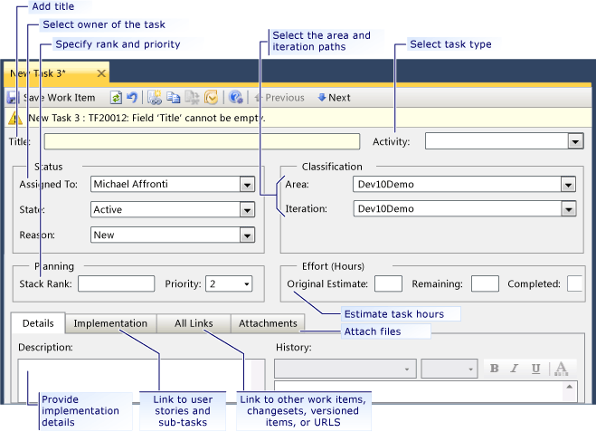 Work Item Form for Task