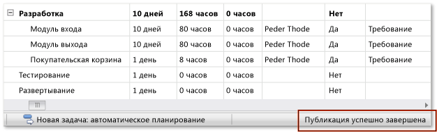 Ход выполнения публикации отображается в строке состояния