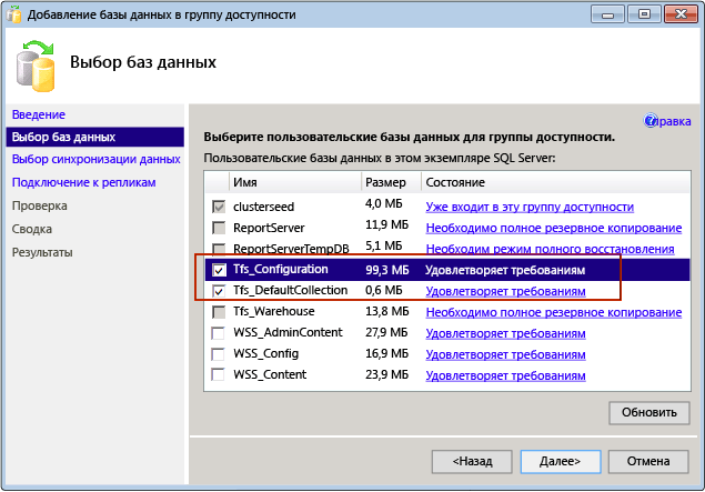 Добавление баз данных TFS к группе доступности AlwaysOn