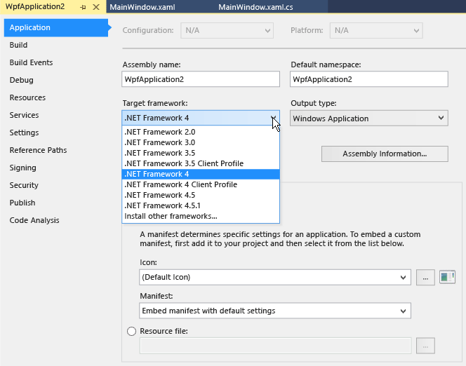 Вкладка "Приложение" в разделе "Свойства приложений" Visual Studio