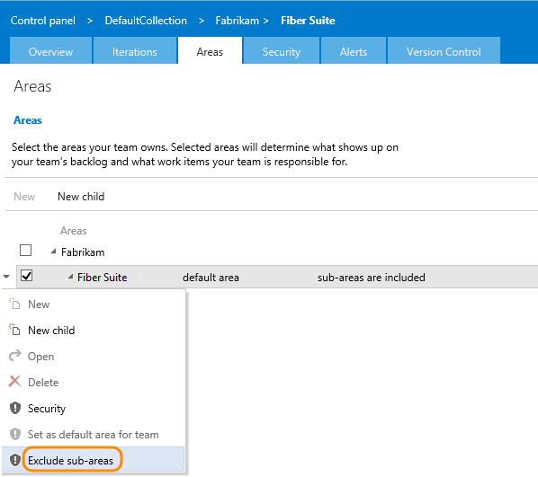 Areas page for Program team, Exclude sub-areas