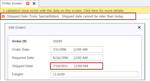 Validation error message