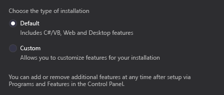 Visual Studio 2015 Setup Dialog