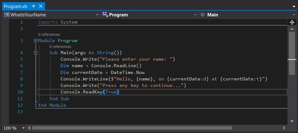 Screenshot showing the code for the 'Program.vb' file in the 'WhatIsYourName' project loaded in the Visual Basic code editor.