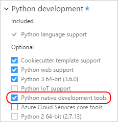 Screenshot of a list of Python development options, highlighting the Python native development tools option.