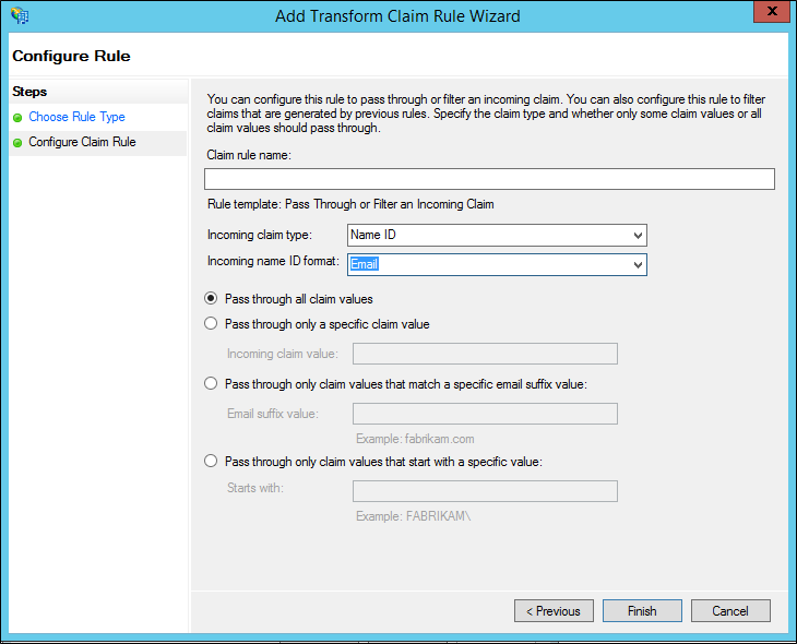 Screenshot that shows where to select the options on the Configure Claim Rule screen when you create a rule to issue an AD FS 1.x Name ID claim on Windows Server 2012 R2.