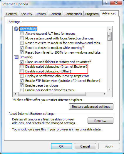 ie tools|options|advanced|disable script debugging