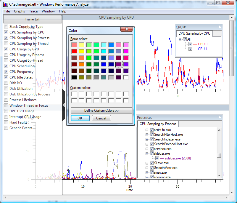 screen shot of cpu sampling by cpu, and cpu sampling by process