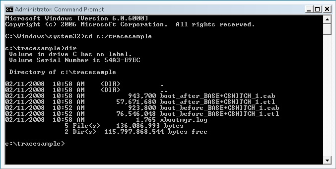 screen shot of the command prompt window listing two trace (.etl) files