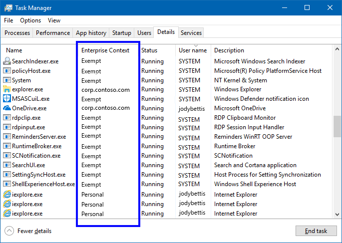 Task Manager, Enterprise Context column highlighted.