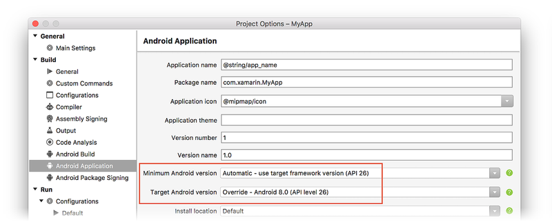 Setting the target and framework levels in Project Options