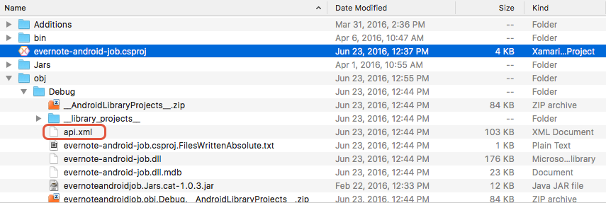 Расположение файла api.xml в папке obj/Debug