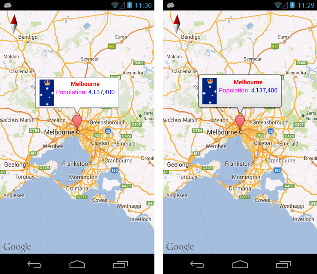 Example marker windows for Melbourne, including icon and population. The right window has rounded corners.